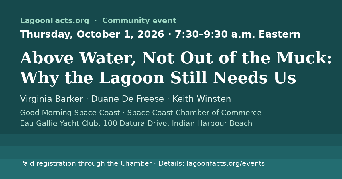 Space Coast Chamber program on October 1, 2026: Above Water, Not Out of the Muck, an Indian River Lagoon discussion with Virginia Barker, Duane De Freese and Keith Winsten at Eau Gallie Yacht Club.
